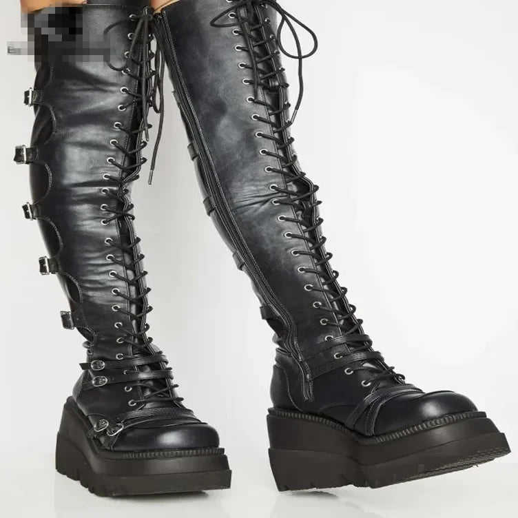 Casual High Sock Boots for Women – Slope-Sided Belt Leather Buckle, Knee-Length Stockings for Winter Season