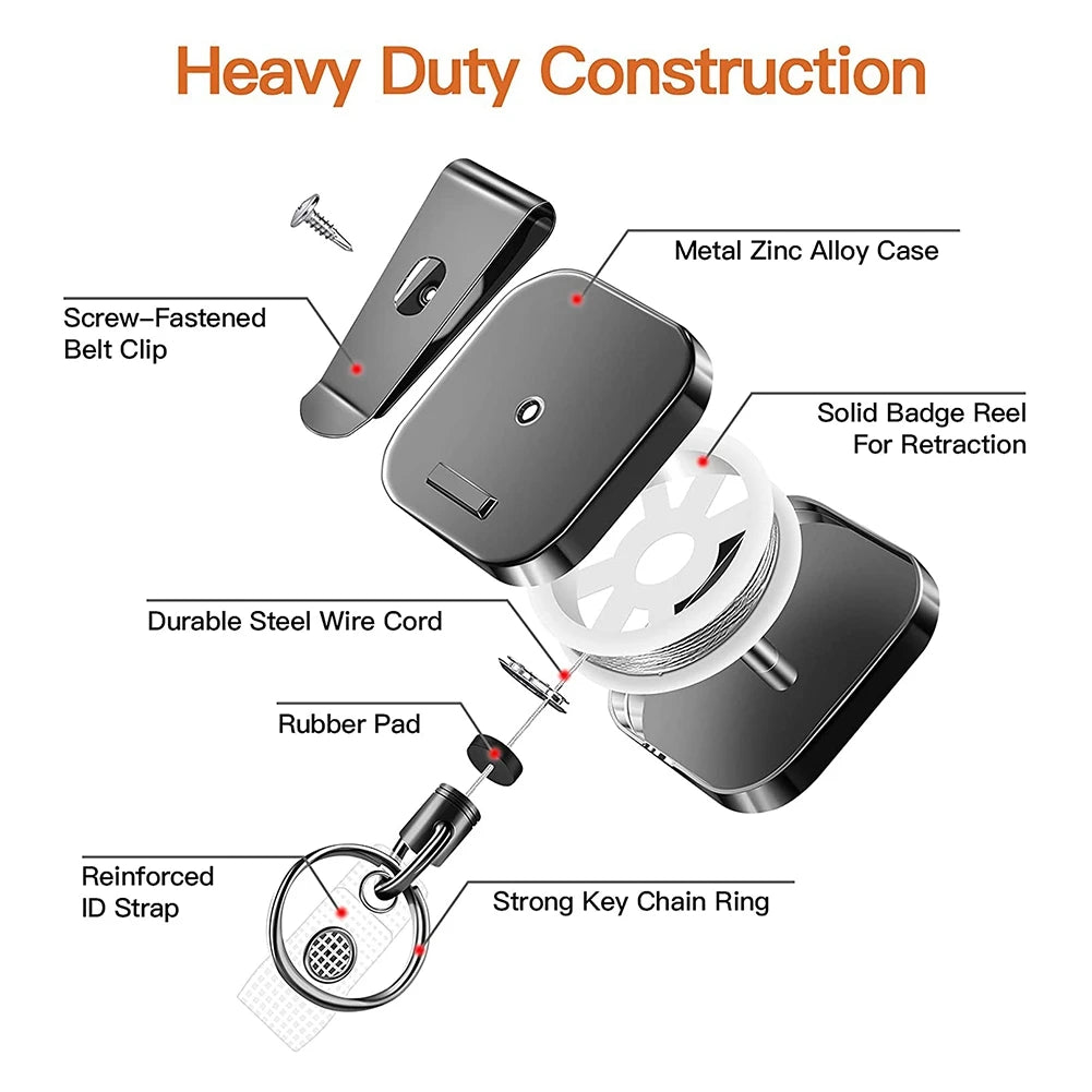 Heavy Duty Retractable Metal Carabiner Keychain with 28.3-Inch Steel Wire Cord – Badge Reel Clip