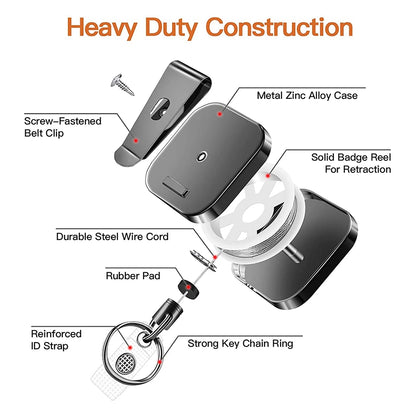 Heavy Duty Retractable Metal Carabiner Keychain with 28.3-Inch Steel Wire Cord – Badge Reel Clip