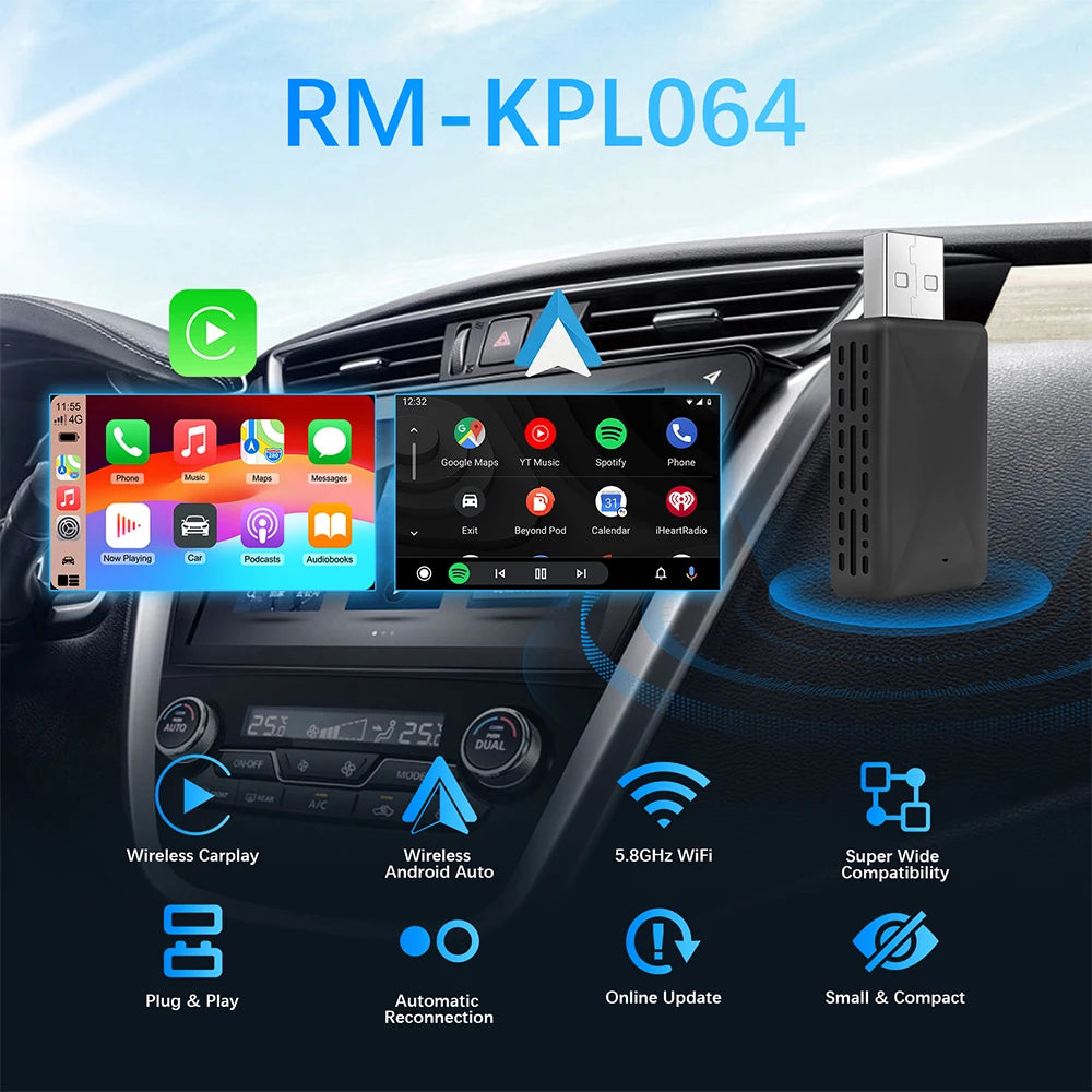 CarPlay & Android Auto Wireless Adapter — Compatible with Toyota, Mazda, Nissan, Camry, Suzuki, Subaru, Citroen, Audi, Mercedes, Kia, Ford, Opel with Spotify & Bluetooth