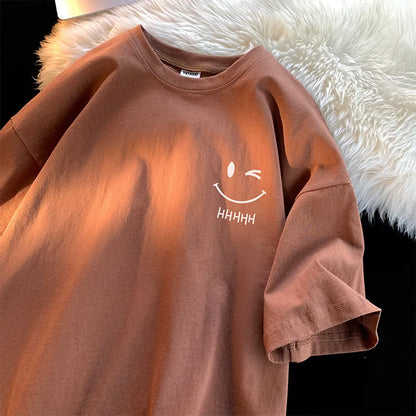 Men's & Women's Smiling Face T-Shirt — Funny Fashion Oversized Short-Sleeve Couple Top, American Basic Loose Pullover