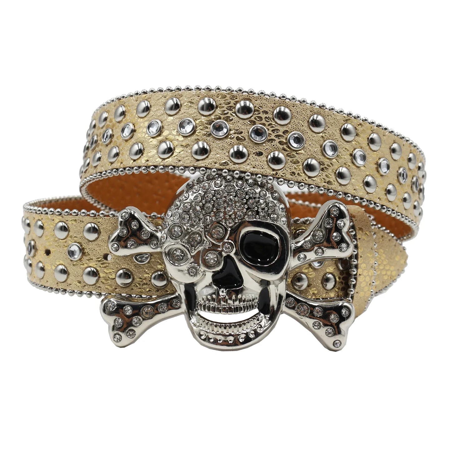 Women’s Rhinestone Skull Leather Belt – Luxury Designer Studded Strap for Jeans, White & Black