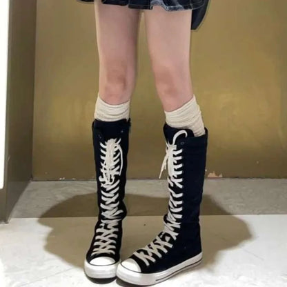 Women's High-Top Canvas Boots - Korean-Style Lace-Up Zipper Shoes with Comfortable Fit