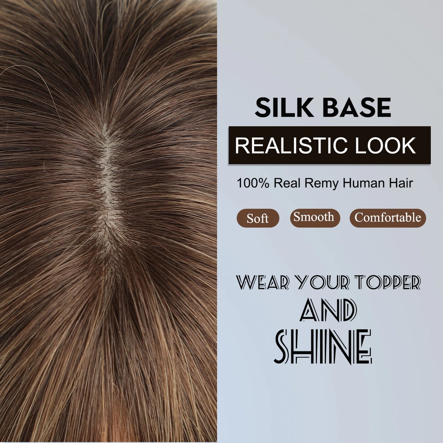 Straight Ombre Brown Remy Human Hair Topper – 100% Silk Base Clip-in Wig with Bangs, Hair Extension for Women