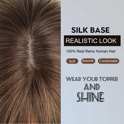 Straight Ombre Brown Remy Human Hair Topper – 100% Silk Base Clip-in Wig with Bangs, Hair Extension for Women