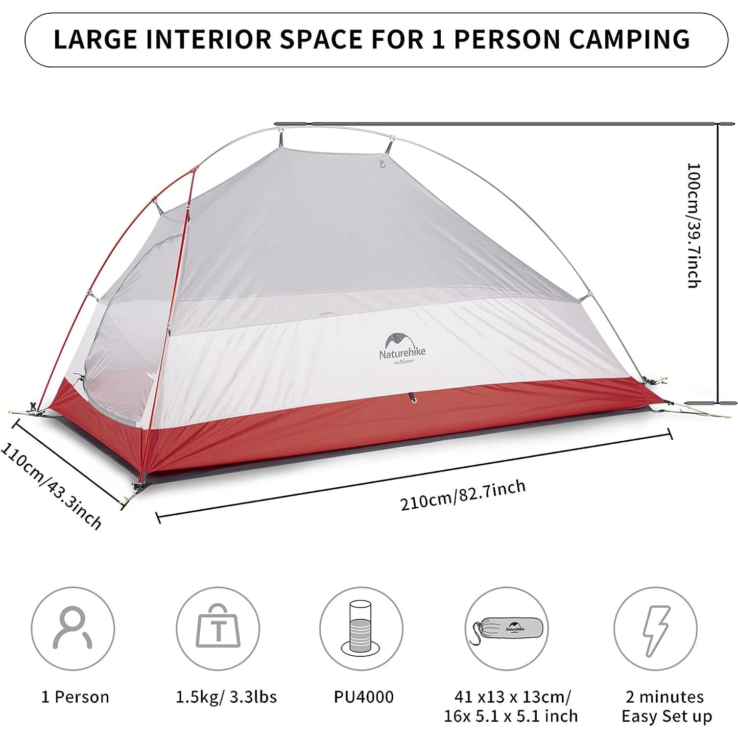 Naturehike Cloud Up 1-Person Camping Tent – Ultralight, Portable, Waterproof Folding Backpack Shelter for Travel & Beach