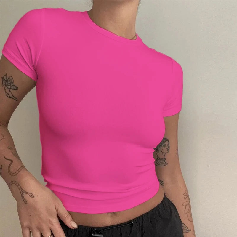 Women's Slim Fit Short Sleeve T-Shirt - Knitted O-Neck Top for Streetwear and Sports, Y2K Style 2024
