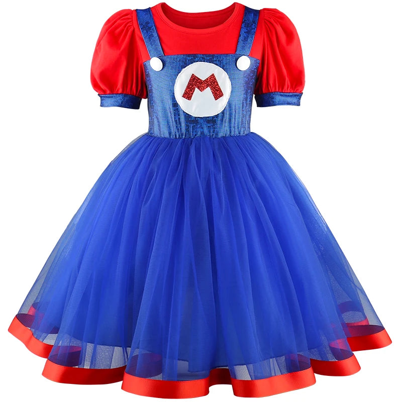 Girls Super Bros Cosplay Dress Set - Puff Sleeve Halloween & Birthday Party Costume