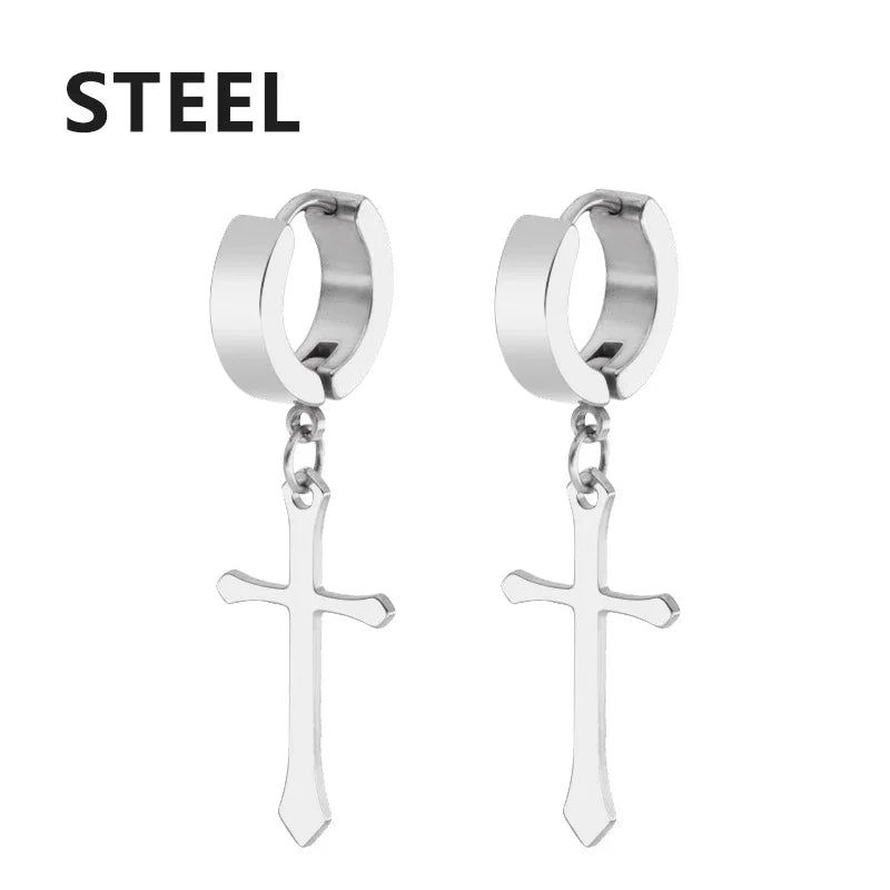 Stainless Steel Cross Star Dangle Earrings - Punk Gothic Hoop Huggie Jewelry for Men & Women