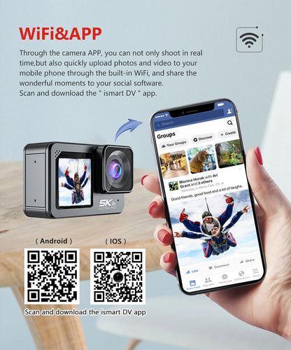 F6W Action Camera — 5K/4K60FPS, 48MP, 2.2" Touch LCD, EIS, Dual Screen, Wi-Fi, 170° Waterproof 30M, 8X Zoom Sports Camera with Wireless Mic