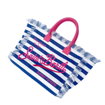 Saint Barth Large Capacity Women's Beach Handbag – European & American Style, Deep Blue Striped Tassel Tote