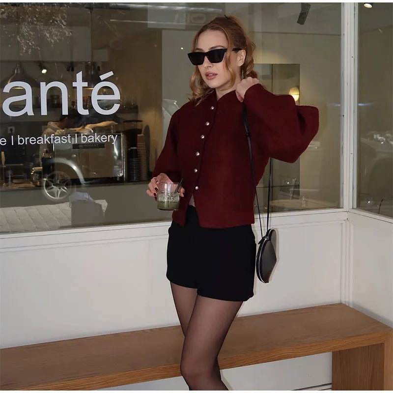 2025 Women's Burgundy Red O-Neck Woolen Coat – Casual Single-Breasted, Long Sleeve Short Jacket for Spring