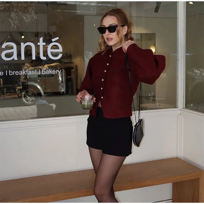 2025 Women's Burgundy Red O-Neck Woolen Coat – Casual Single-Breasted, Long Sleeve Short Jacket for Spring