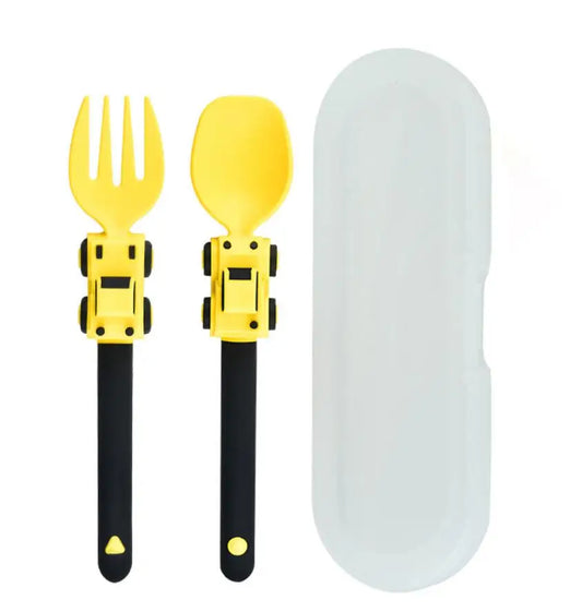 Kids Cartoon Race Car Spoon & Fork Set - Self Feeding Children's Food Supplement Utensils for Toddlers