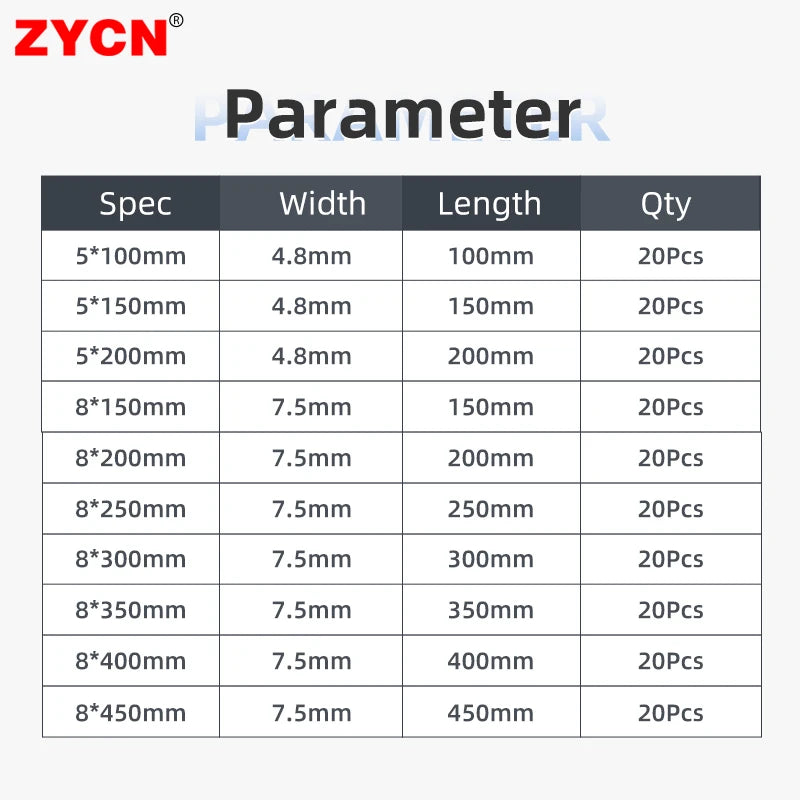 20pcs Plastic Reusable Cable Zip Ties: 8/10 Inch, 8*200/250/300/450 Sizes - Releasable Nylon, Recyclable Detachable Bundle