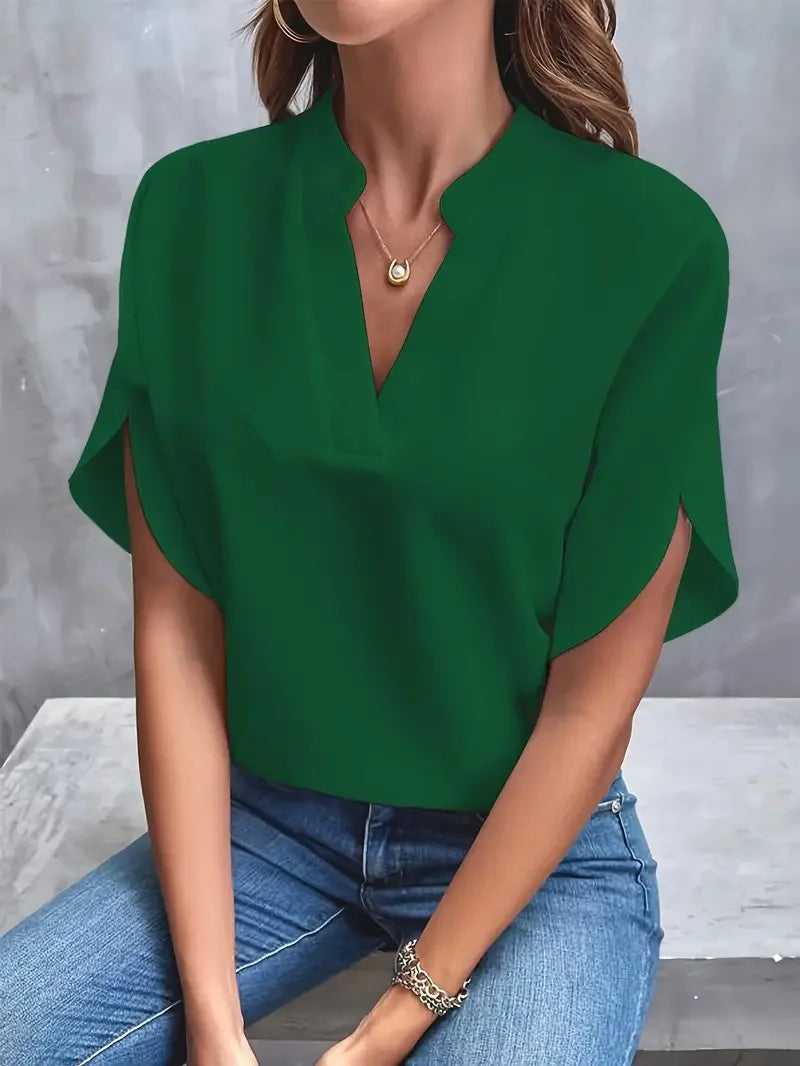 VEITCHE Women’s Summer V-Neck Blouse – Casual Loose Half Sleeve Pullover Shirt for Elegant Office Wear