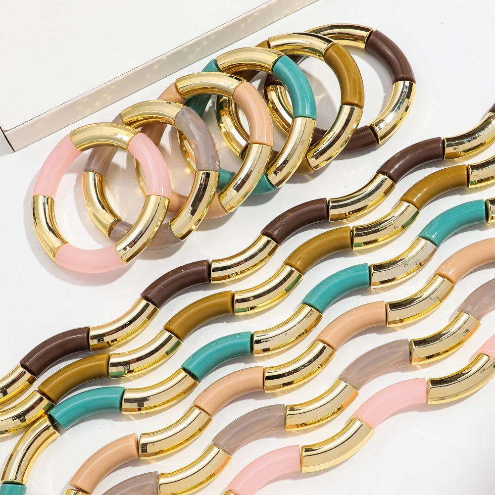Fashion 4PCS Resin Amber Bamboo Bead Acrylic Elastic Bracelet Set — Trendy 2024 Handmade Bangles
