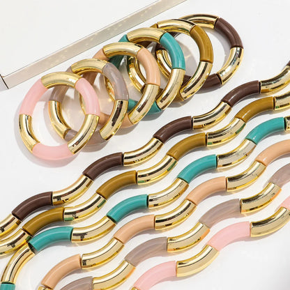 Fashion 4PCS Resin Amber Bamboo Bead Acrylic Elastic Bracelet Set — Trendy 2024 Handmade Bangles