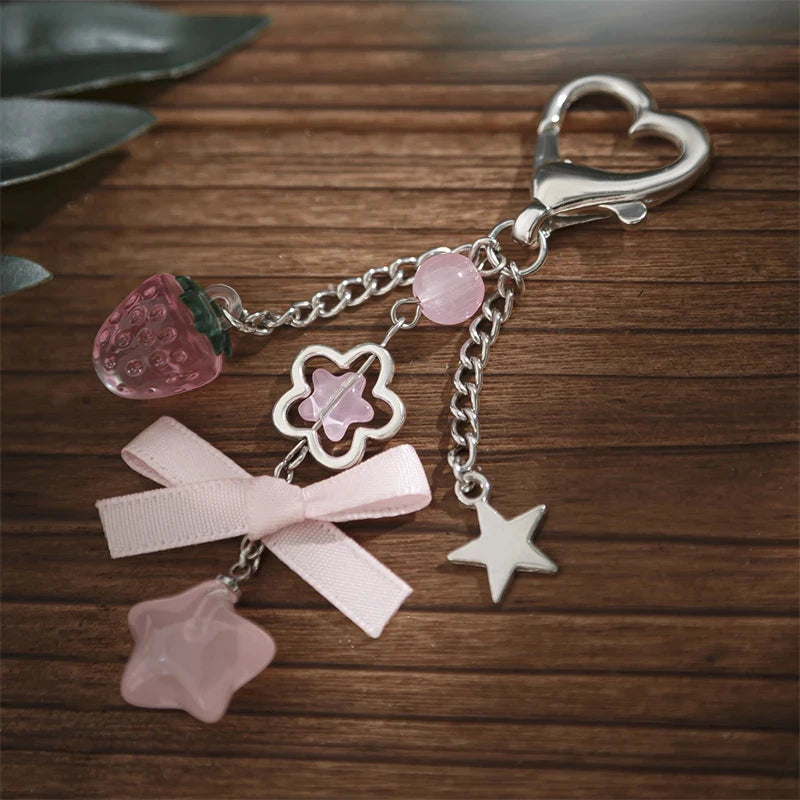 Cute Strawberry Bow Keychain - Y2K Pink Star Flower Tassel Heart Phone Charm Pendant for Women & Girls
