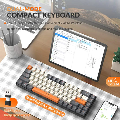 60% Wireless Mechanical Keyboard - Bluetooth Dual Mode, Hot-Swappable Mini 68-Key Red Switch for PC, PS4, Xbox, iPhone, iPad
