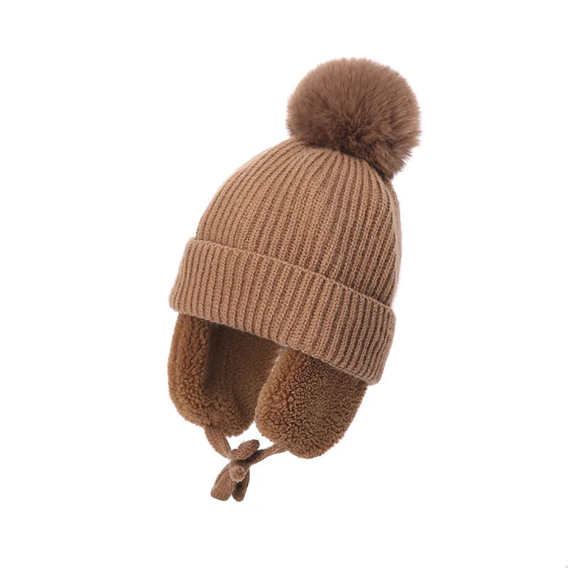 Winter Baby Beanie Hat with Pompom & Earflaps – Thick Wool Plush Knitted Cap for Girls & Boys, Ages 2-8T