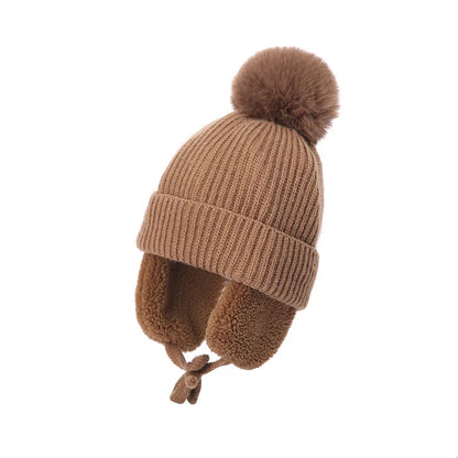 Winter Baby Beanie Hat with Pompom & Earflaps – Thick Wool Plush Knitted Cap for Girls & Boys, Ages 2-8T