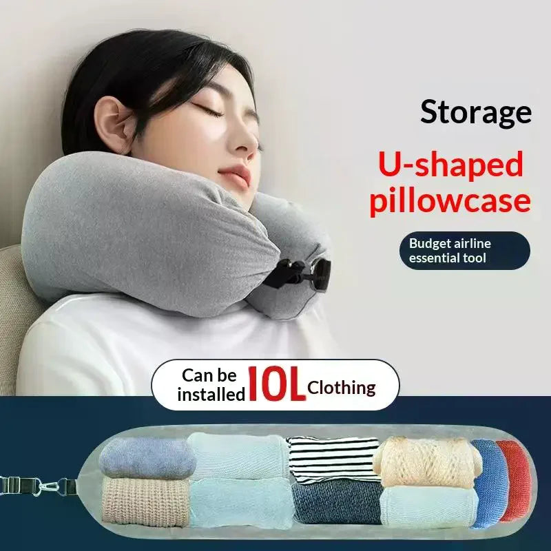 Travel U-Shaped Neck Pillow with Fillable Clothing Storage Bag – Crystal Fleece Pillowcase for Airplane & Comfort Travel Support