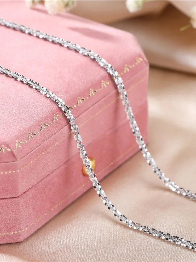 Authentic S925 Sterling Silver Necklace – 2mm Sparkling Collarbone Sweater Chain, Elegant Jewelry Gift for Women
