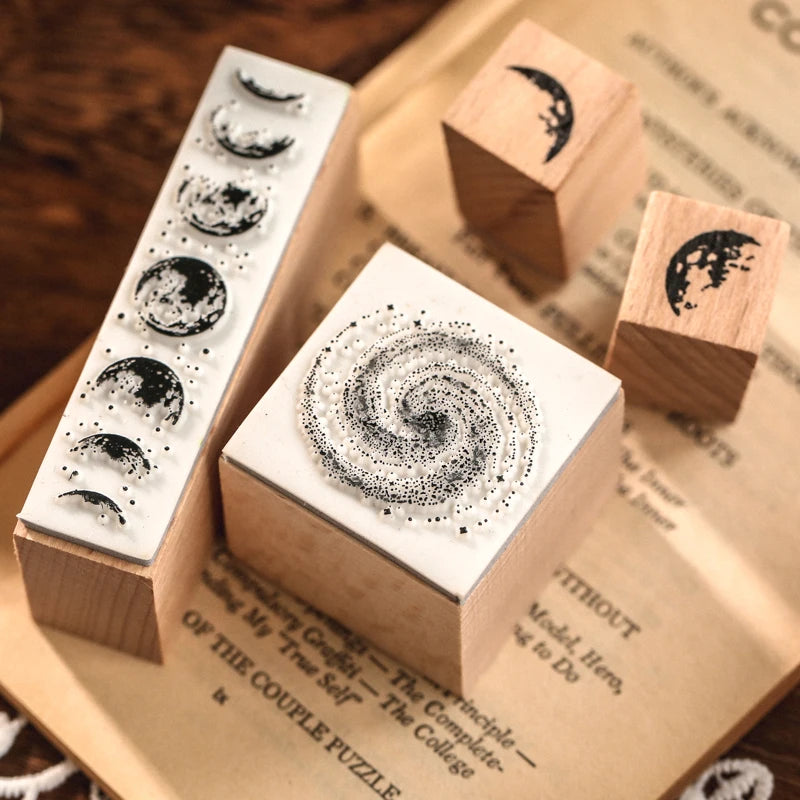 Yoofun 7-Piece Vintage Moon & Plant Wooden Stamps — Rubber Stamps for Scrapbooking, DIY Craft & Stationery