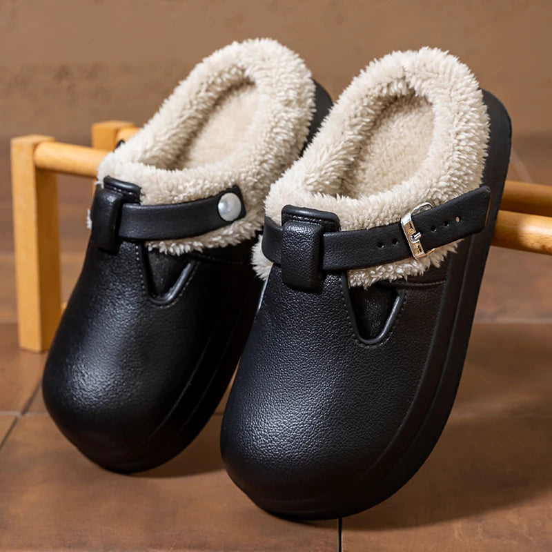 Women’s Winter Plush Mules Slippers - Waterproof EVA Furry Slides with Warm Lining, Metal Buckle & Non-Slip Sole