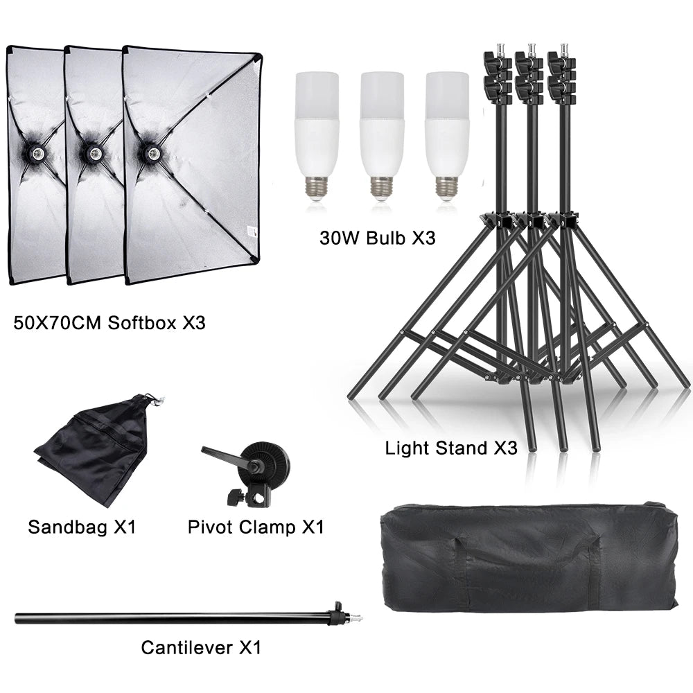 30W-40W Photography Softbox Lighting Kit – 50x70CM Continuous Soft Light for Studio and Portrait Shooting