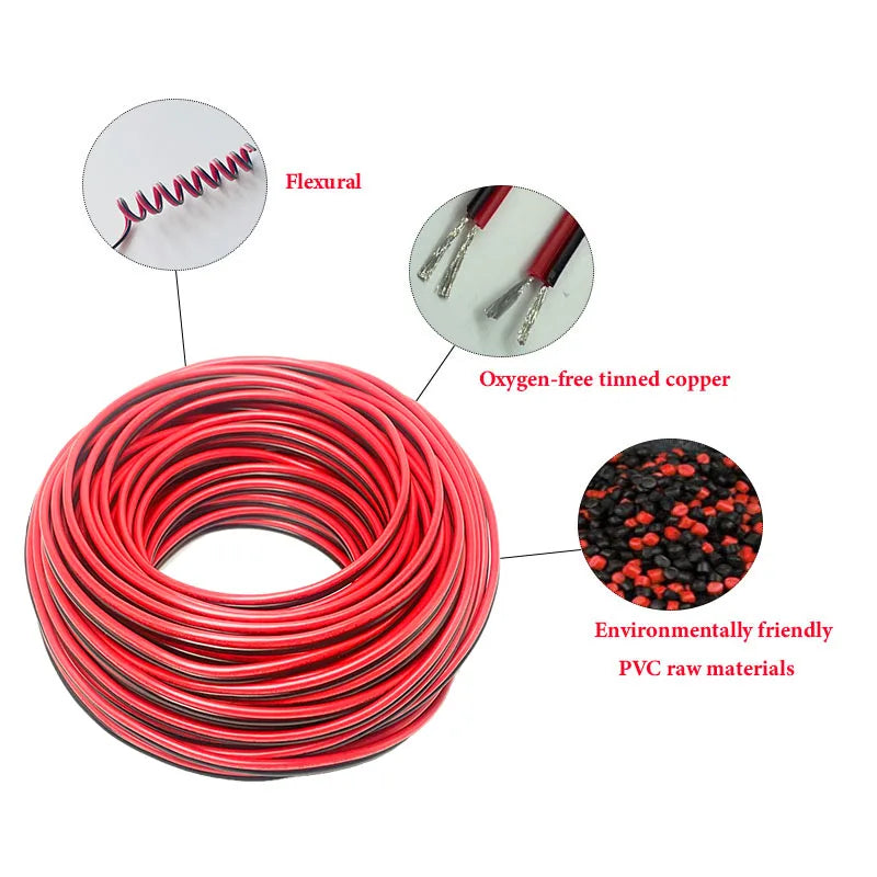 2-Pin Red & Black Extension Cable – PVC/Silicone Tinned Copper Wire (16–28 AWG)