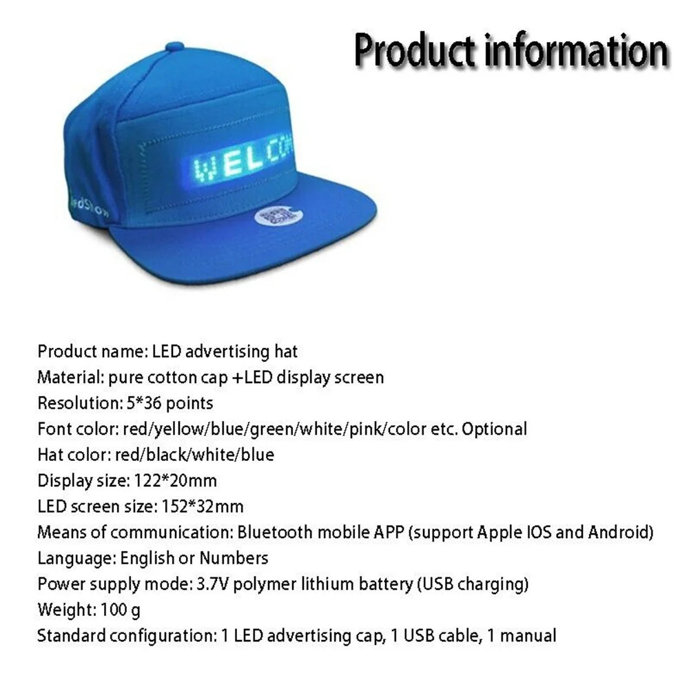 Unisex Baseball Cap with USB Rechargeable Bluetooth – APP Programmable LED Scrolling Message Display, Hip Hop Street Snapback Hat