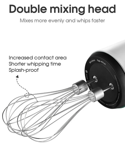 USB Rechargeable Electric Hand Blender — Wireless Portable 3-Speed Hand Whisk with 2 Attachments for Baking, Milk & Cream