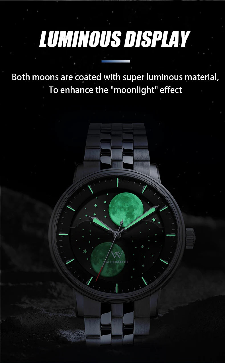 WM Welly Merck Automatic Mechanical Men's Watch — Lunar Moon Phase, Sapphire, Waterproof, Luminous Twin Moons WM142