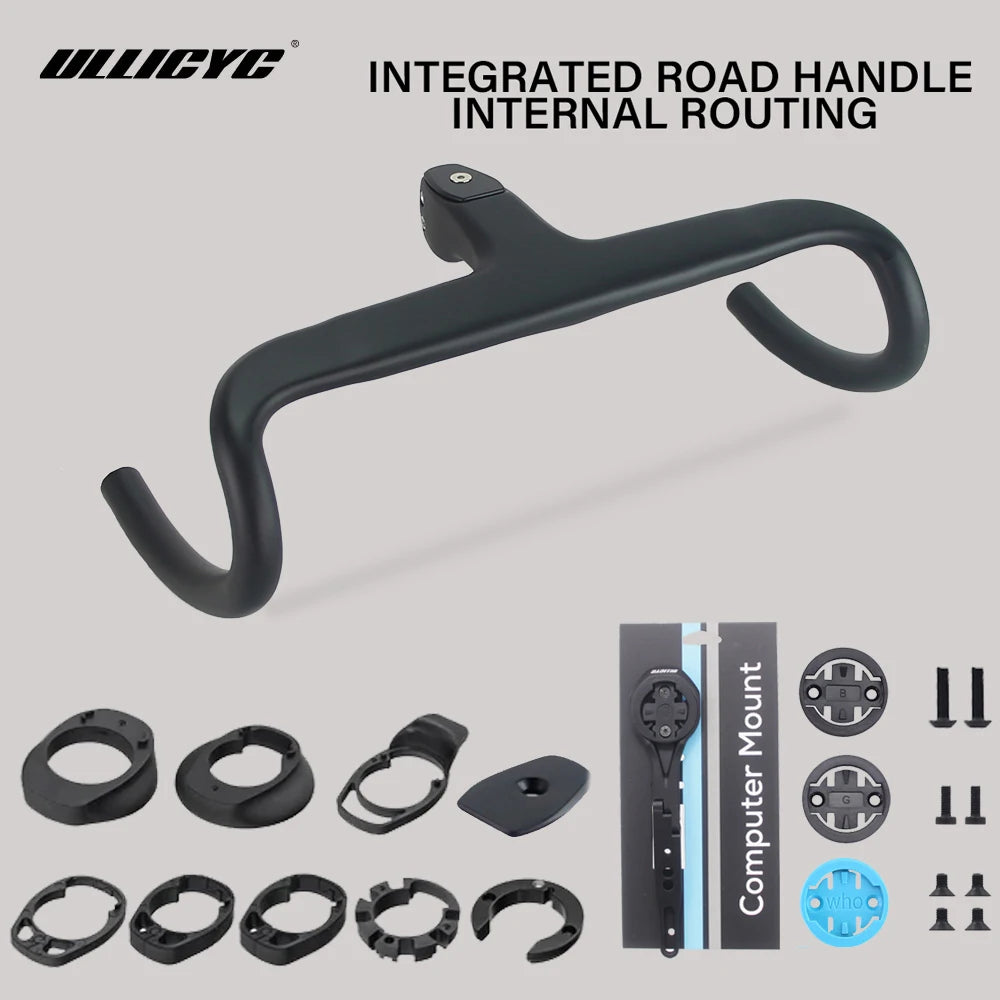 ULLICYC T1 Carbon Fiber Road Bike Handlebar - Integrated Internal Cable Routing Cockpit with Mount Spacers 360–380mm