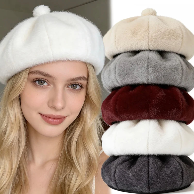 Thickened Plush Winter Beret for Women – Fleece-Lined Painter Style Hat, Elastic Cold Weather Cap, Vintage Retro Fashion Outdoor Wear