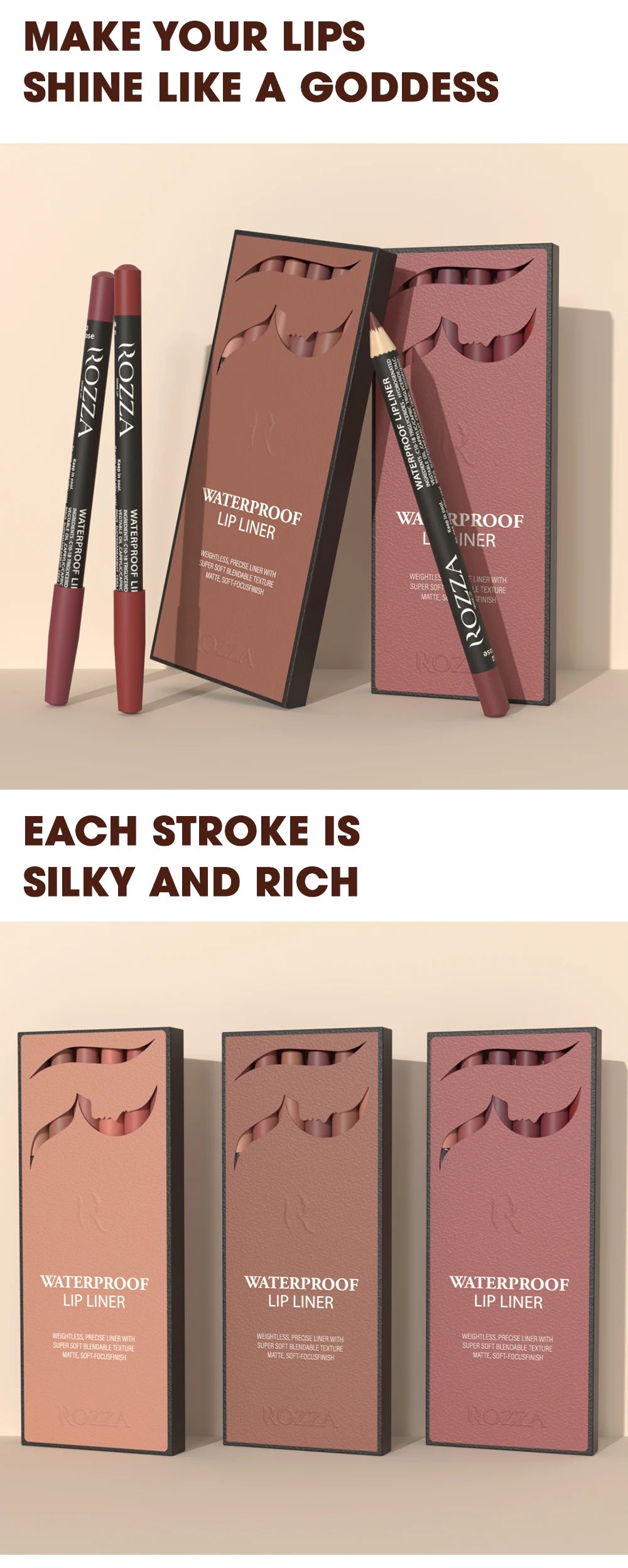 Rozza Waterproof Matte Lip Liner Pencil Set – Weightless, Precise, Super Soft & Blendable