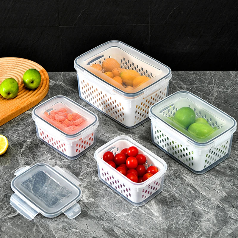 Refrigerator Storage Box – Fridge Organizer for Fresh Vegetables and Fruits, Drain Basket Storage Containers for Kitchen