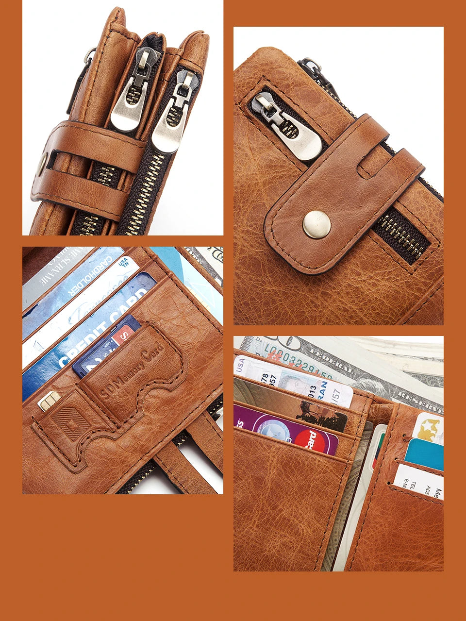 Fashion Women’s Leather Wallet — Genuine Leather Clutch with Hasp & Double Zipper, Short Coin Pocket and ID Card Holder Purse