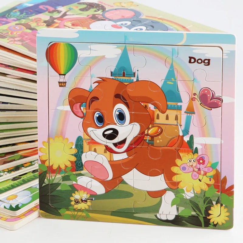 20PCS Wooden 3D Cartoon Animal & Vehicle Puzzle – Montessori Educational Jigsaw Toys for Kids Ages 1–3