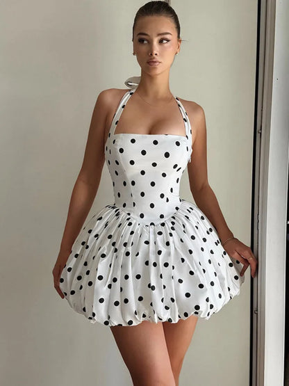 Mozision Women’s Polka Dot Halter Mini Dress – Off-Shoulder Sleeveless Backless High Waist A-Line Club & Party Dress
