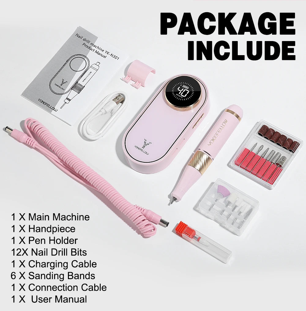 YOKEFELLOW Professional Nail Drill – 40000RPM Rechargeable Electric Nail E-File, Cordless for Acrylic & Gel Nails