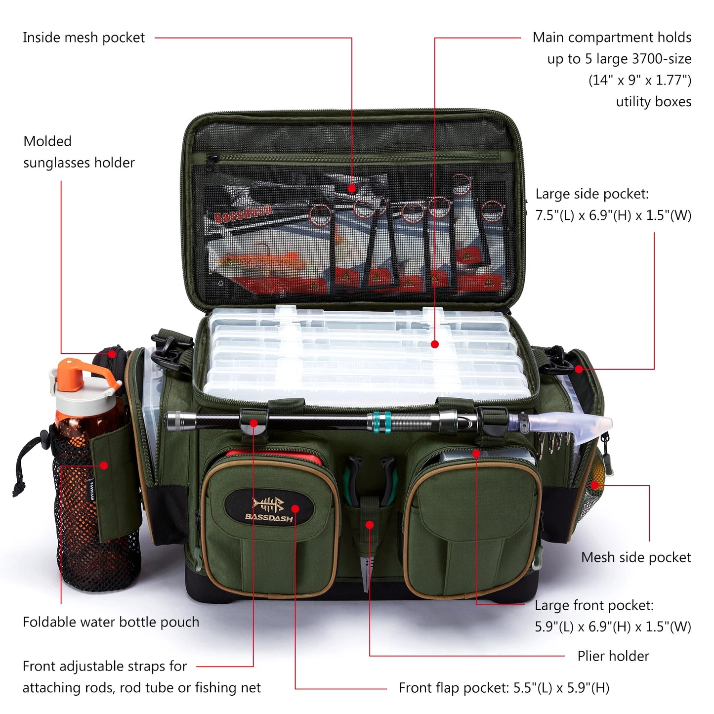 BASSDASH Fishing Tackle Shoulder Bag – Water-Resistant, Lightweight Gear Storage Pack with Hard Molded Bottom and Rain Cover