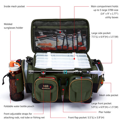 BASSDASH Fishing Tackle Shoulder Bag – Water-Resistant, Lightweight Gear Storage Pack with Hard Molded Bottom and Rain Cover