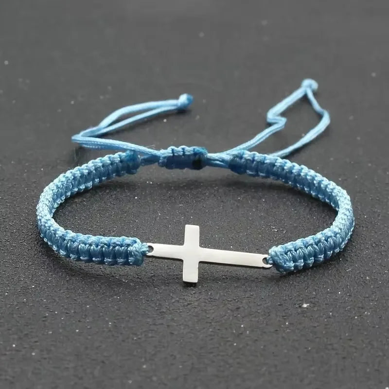 Adjustable Stainless Steel Cross Bracelet with Handwoven Colored Cord – Unisex Couple Friendship Jewelry