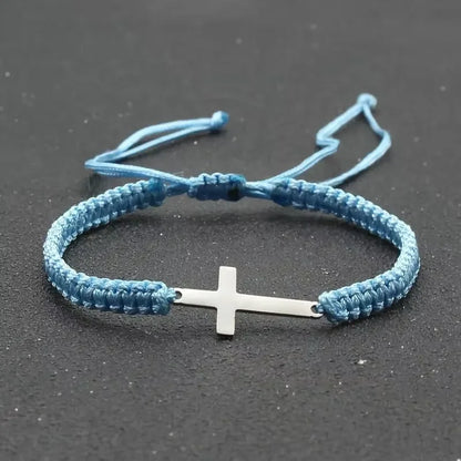 Adjustable Stainless Steel Cross Bracelet with Handwoven Colored Cord – Unisex Couple Friendship Jewelry