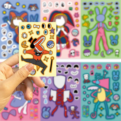8-Sheet Cartoon Digital Circus Face Puzzle Stickers – DIY Expression Matching Game and Creative Educational Toy for Kids