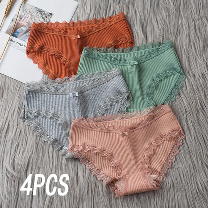 4 Pcs Lace Wavy Trim Bikini Panties - Comfy & Breathable Elastic Women’s Lingerie & Underwear