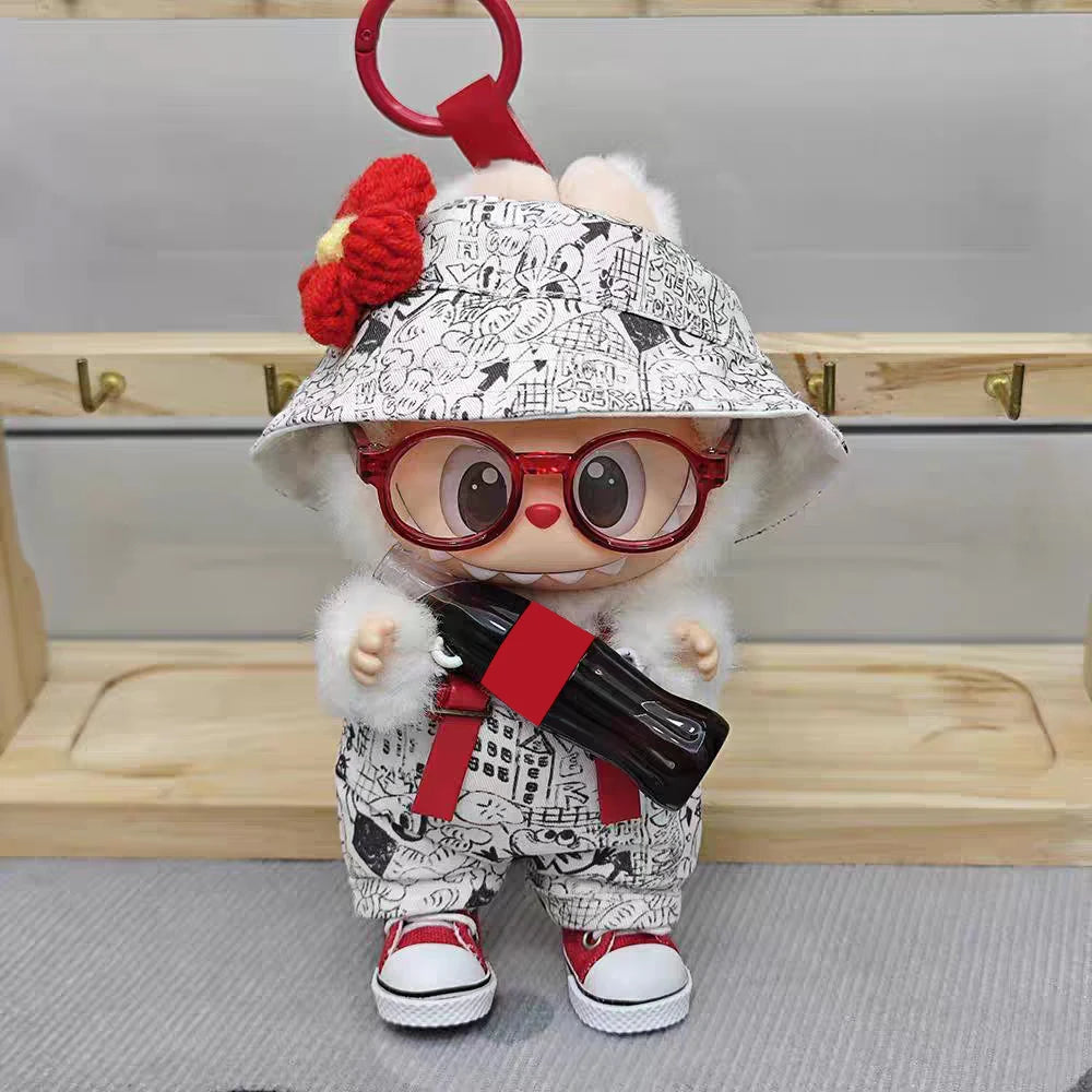 17cm 3rd Gen Labubu Trendy Retro Outfit – Graffiti Strap Pants, Hat & Sitting Party Pendant